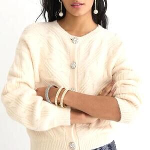 J.CREW Womens M Cream Cable-Knit Cardigan Sweater w/ Jewel Rhinestone Buttons